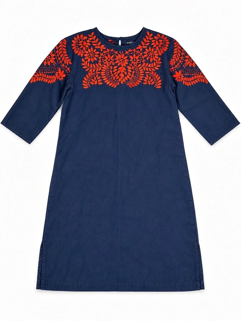 Madison Mathews XS Navy Red Embroidered 100% Cotton Boho Shift Tunic Dress